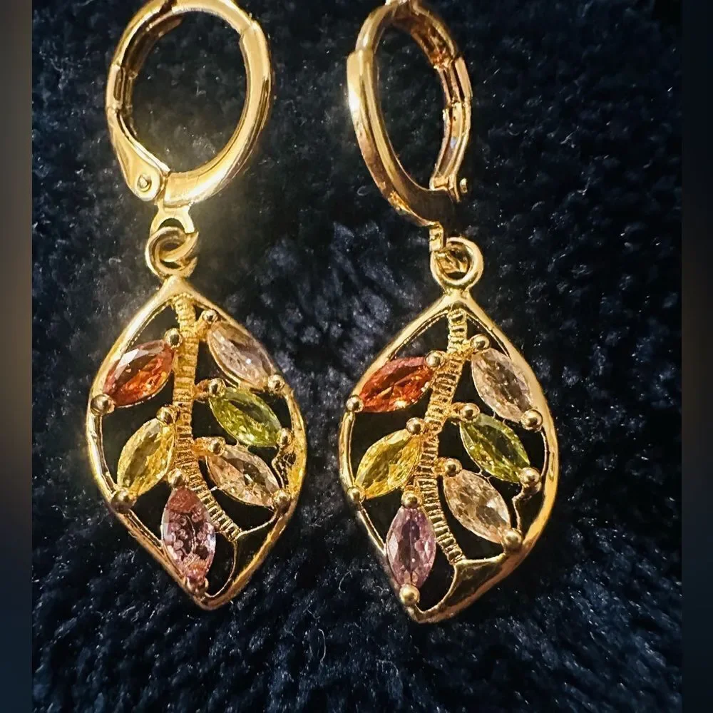 Vintage Style Golden Leaf Earrings with Multiple Colored Stones Grandmac
